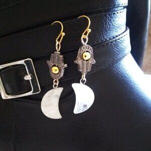 Luna Moon Goddess Earrings! Quartz Moons & Hamsa Hand - Protection & Blessings